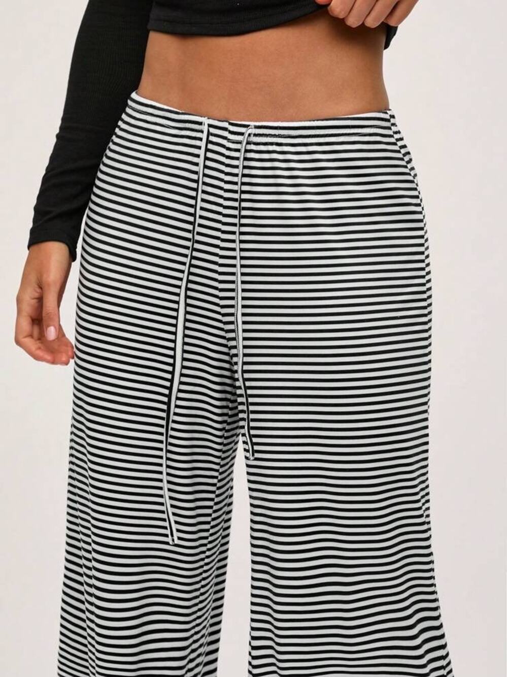Black White Horizontal Striped Wide Leg Lounge Pants Drawstring